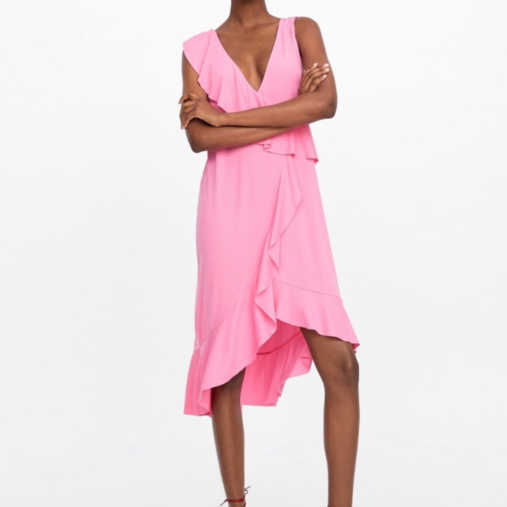 Zara Pink Barbiecore Dress Ruffle Sleeveless V-Neck Girly Preppy High-Low